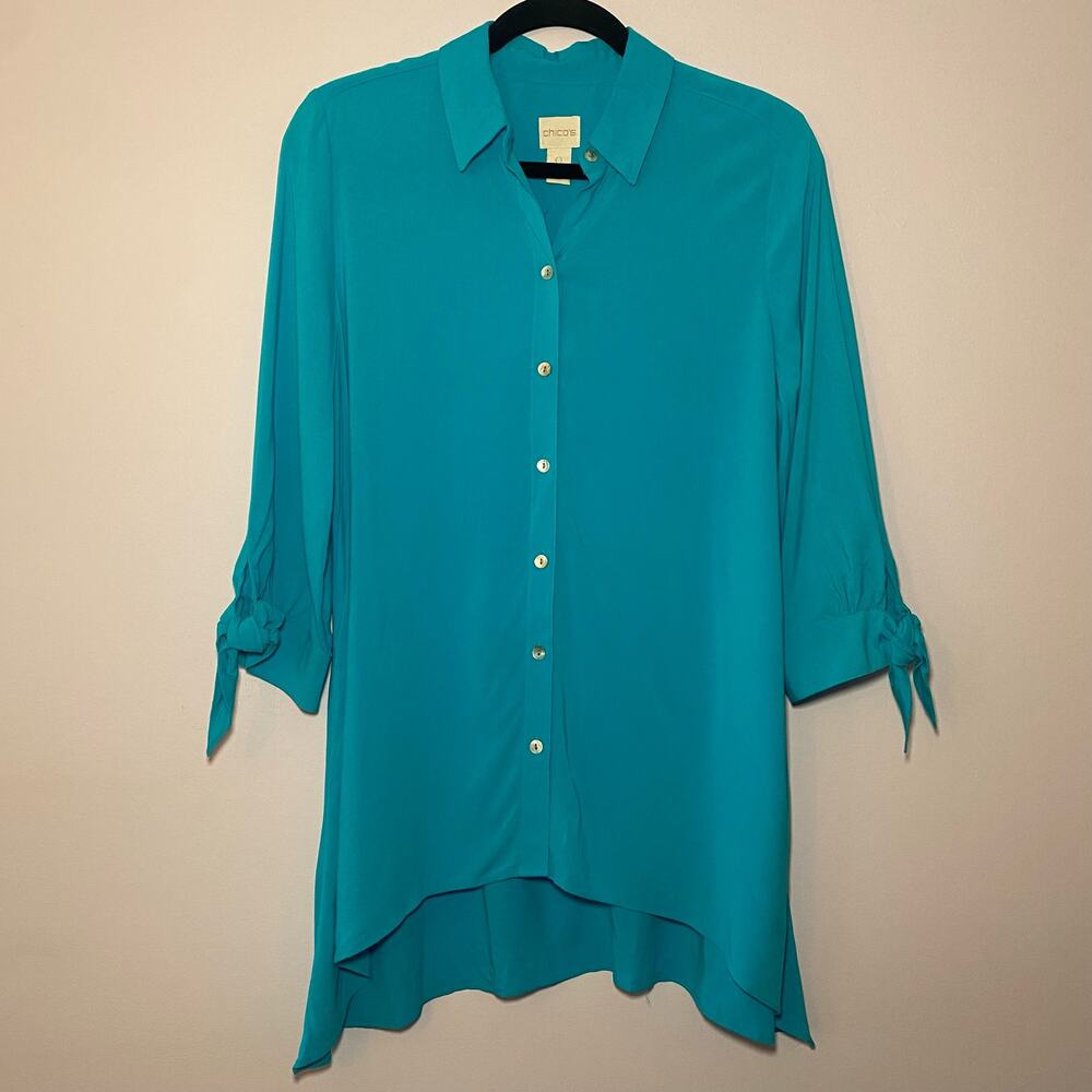 NWT Chico's Small Rayon Bright Blue Long Oversized Button Up Top Women 0 / Small